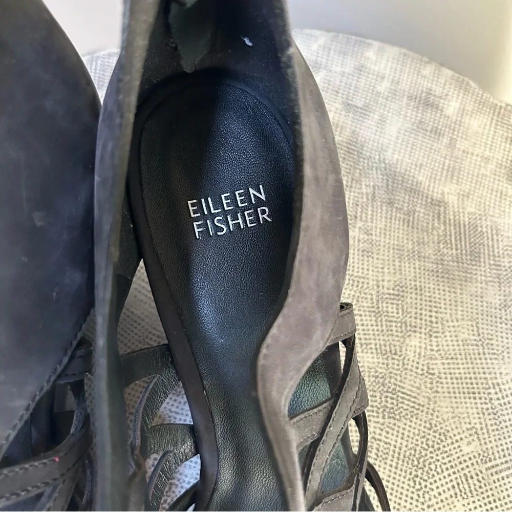 Eileen Fisher ~Black Cage Open Toe Italian Leather Nubuck Wedges Shoes size 9.5